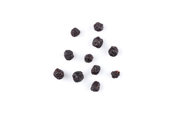 Dried blueberries on white background