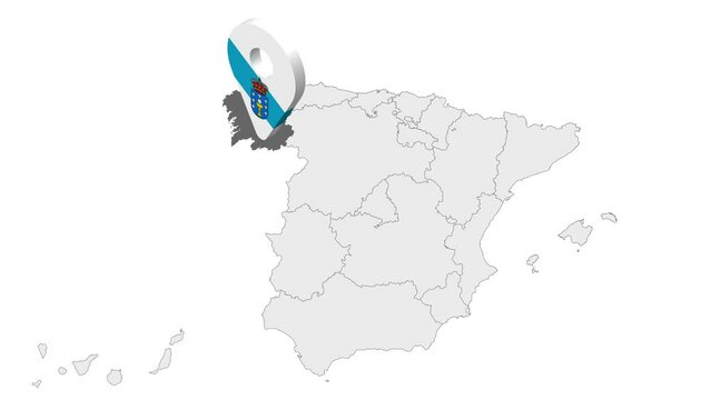 Location Galicia on map Spain. 3d Galicia  flag map marker location pin. Map of Spain showing different parts. Animated map Autonomous communities of Spain. 4K.  Video
