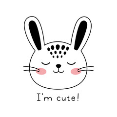 Little bunny face doodle style. Hand drawn illustration with cute cartoon Rabbit and lettering. Kids design hare muzzle. Vector illustration isolated on white