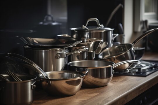  a bunch of pots and pans are on a counter top with a stove top oven in the background and a window in the background.  generative ai