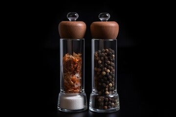  two salt and pepper shakers on a black background with a black background and a black background with a black background and a white background with a brown and white border.  generative ai