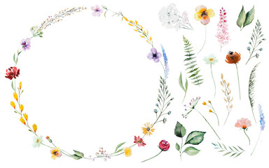 Frame made of watercolor wild flowers and leaves, single elements, summer wedding illustration