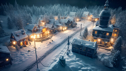 The Spirit of Christmas - A Village of Cozy Cottages and Snow Cover Buildings at The Winter Wonderland.