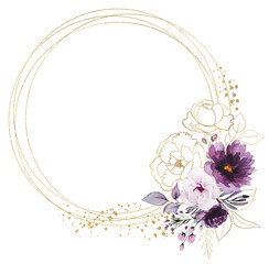 Round golden frame with Watercolor Purple and golden peonies flowers illustration