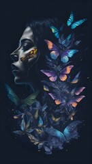 portrait of a fairy girl with butterflies, double exposure image. Great for ads, book covers, posters, canvas and more. Generative AI