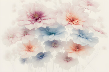 Beautiful spring flowers on a white background. Floral background in pastel colors, generative AI	
