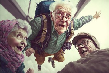 Obraz na płótnie Canvas Elderly people parachute out of an airplane, created with generative ai