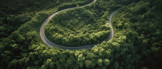 Bird's-eye view of the road in the middle of the forest.Aerial view. Panoramic shot. Generative AI