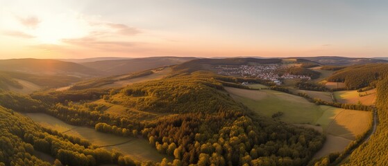 View from the height of the field at sunset.Aerial view. Panoramic shot. Generative AI