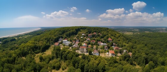 View of the city on the mountain.Aerial view. Panoramic shot. Generative AI