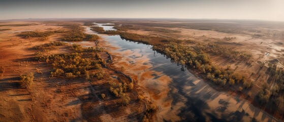 Fototapeta na wymiar View of the river in the desert.Aerial view. Panoramic shot. Generative AI