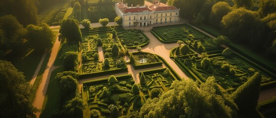 View from the height of a beautiful garden with a building.Aerial view. Panoramic shot. Generative AI