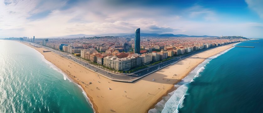 View of the city on the seashore.Aerial view. Panoramic shot. Generative AI