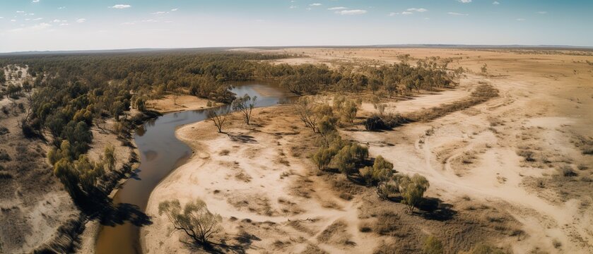 View of the river in the desert.Aerial view. Panoramic shot. Generative AI