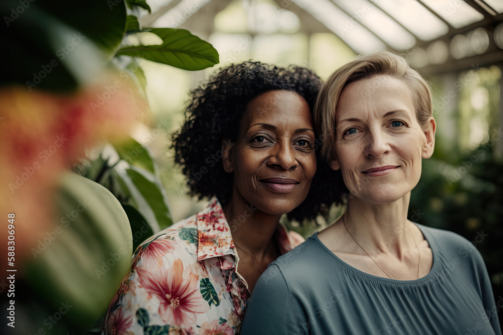 Wall mural Affectionate couple inside a botanical garden greenhouse. Generative AI.