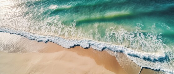 Obraz premium Top view of a beautiful tropical beach with sea waves.Aerial view. Panoramic shot. Generative AI