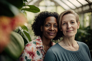 Affectionate couple inside a botanical garden greenhouse. Generative AI.