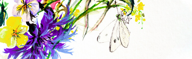 Colorful watercolor painting with flowers and a butterfly.