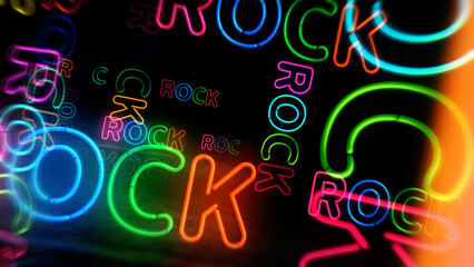Obraz na płótnie Canvas Rock neon symbol. Entertainment music event light color bulbs. Abstract concept 3d illustration.