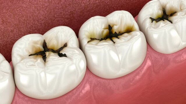 Molar teeth damaged by caries. Medically accurate tooth 3D animation