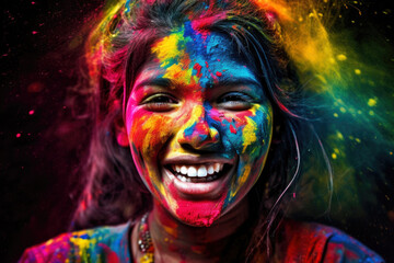 Laughing happy woman celebrating Holi holiday, folk festival of colors in Nepal and India. Symbolizes arrival of spring, the expulsion of evil and the rebirth of life. Generative AI - obrazy, fototapety, plakaty