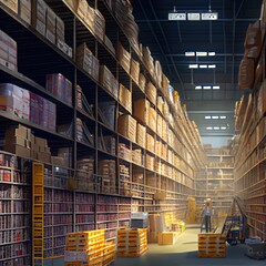 Huge shelves of a logistics company filled with boxes, created with generative ai