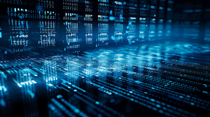 Blue digital binary data. Generative Ai. Code, Computing, Information, Computer, Internet, Network, Connection. 