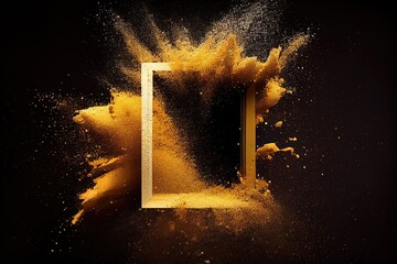 Gold Powder Explosion with Frame, Golden Dust Splash Border, Glitter Blast, Abstract Generative AI Illustration