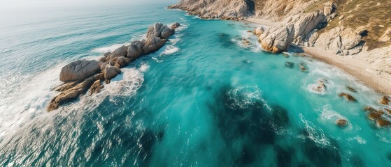 A beautiful picture of a rocky beach with a cliff from above.Aerial view. Panoramic shot. Generative AI