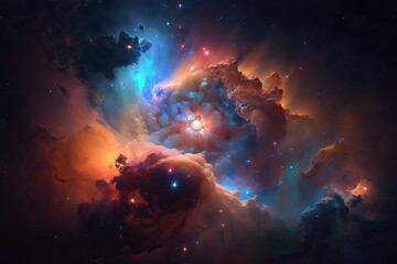 Nebula in space, stars and planets in cosmic nebula, bright light from celestial bodies in deep space, generative AI.