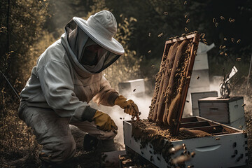 Generative AI Illustration of a beekeeper working in the field on the combs of a bee hive collecting honey