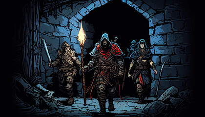 Fototapeta na wymiar adventurers exploring dark dungeon, dark fantasy rpg - by generative ai