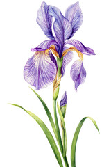 Watercolor iris, flower isolated on white background.  Hand drawn floral illustration. Summer wildflower