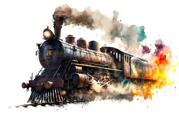 Old train isolated on white, watercolor paint, illustration generative AI - obrazy, fototapety, plakaty