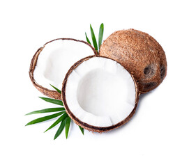 Coconuts with leaves on white backgrounds. HEalthy food. Photo