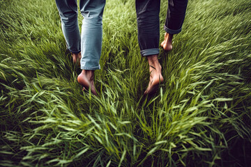 Generative AI Illustration of the feet of a couple walking barefoot on the fresh grass feeling the nature