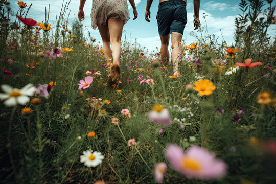 AI Generative Illustration of a couple's feet walking barefoot on a blooming flower field in spring or summer feeling nature