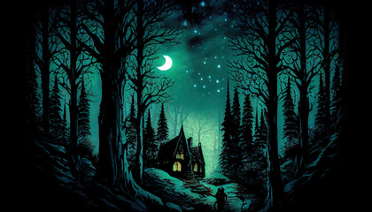 Fototapeta premium halloween night forest landscape with moon - by generative ai