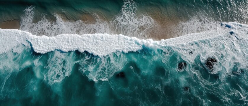 Top view of a beautiful tropical beach with sea waves.Aerial view. Panoramic shot. Generative AI