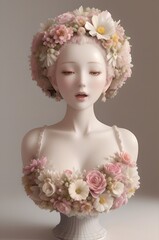 Porcelain bust of singing attractive woman with open mouth, lush floral wreath