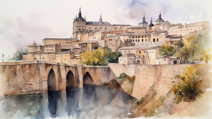 watercolor Toledo (spain). created with ai - obrazy, fototapety, plakaty
