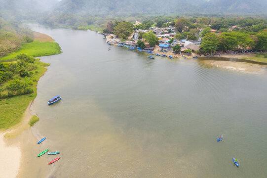 Aerial view of a village by the river