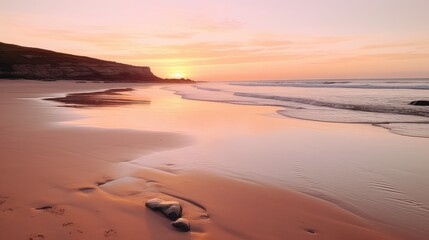 A serene sunset over a beach with soft pinks and oranges