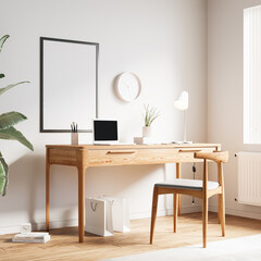 Nordic Home Office Interior Wall Mockup Frame Mockup - 3d Illustration, 3d Rendering