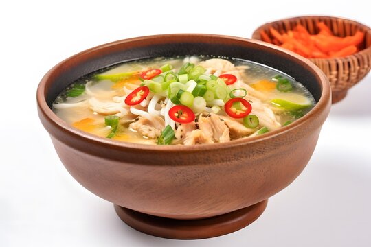 A close-up shot of a bowl of soto ayam, a flavorful Indonesian chicken soup. Generative AI