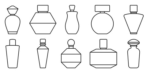 Bottle of perfume. Set of linear silhouette of perfume bottles. Fragrance bottle icon. Vector illustration