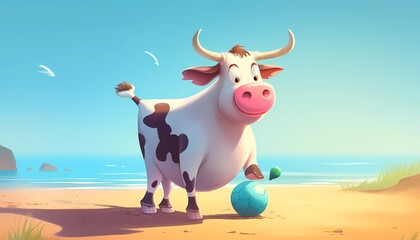 Cute Cow playing football in the beach , Cartoon , Generative AI