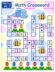 Math Crossword puzzle for children. Addition and subtraction