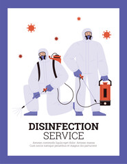 Disinfection, antiviral and antibacterial treatment service banner, flat vector.