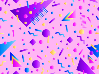 Memphis seamless pattern with geometric gradient shapes. Colorful geometric pattern in 80s style. Design for banners, promotional products and posters. Vector illustration